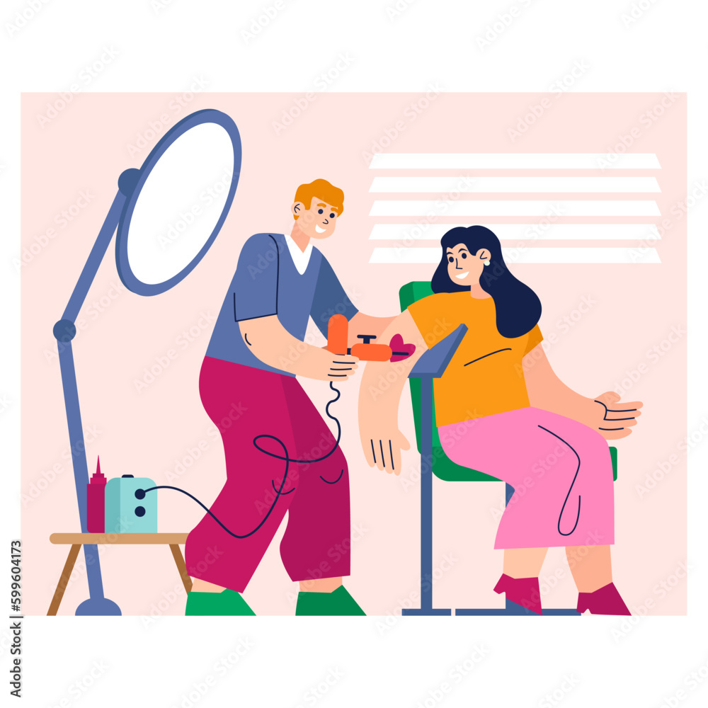 Skilled tattoo artist holds machine in hand while working on clients hand with heart vector Skilled tattoo artist holds machine in hand while working on clients hand with heart vector