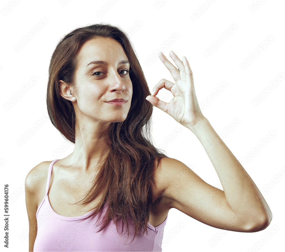 Perfect and delicious! Emotional portrait of young woman isolated on neutral background. Girl makes OK gesture near mouth, similar to stereotypical Italian. Long brown hair, slim, pink tank top Perfect and delicious! Emotional portrait of young woman isolated on neutral background. Girl makes OK gesture near mouth, similar to stereotypical Italian. Long brown hair, slim, pink tank top