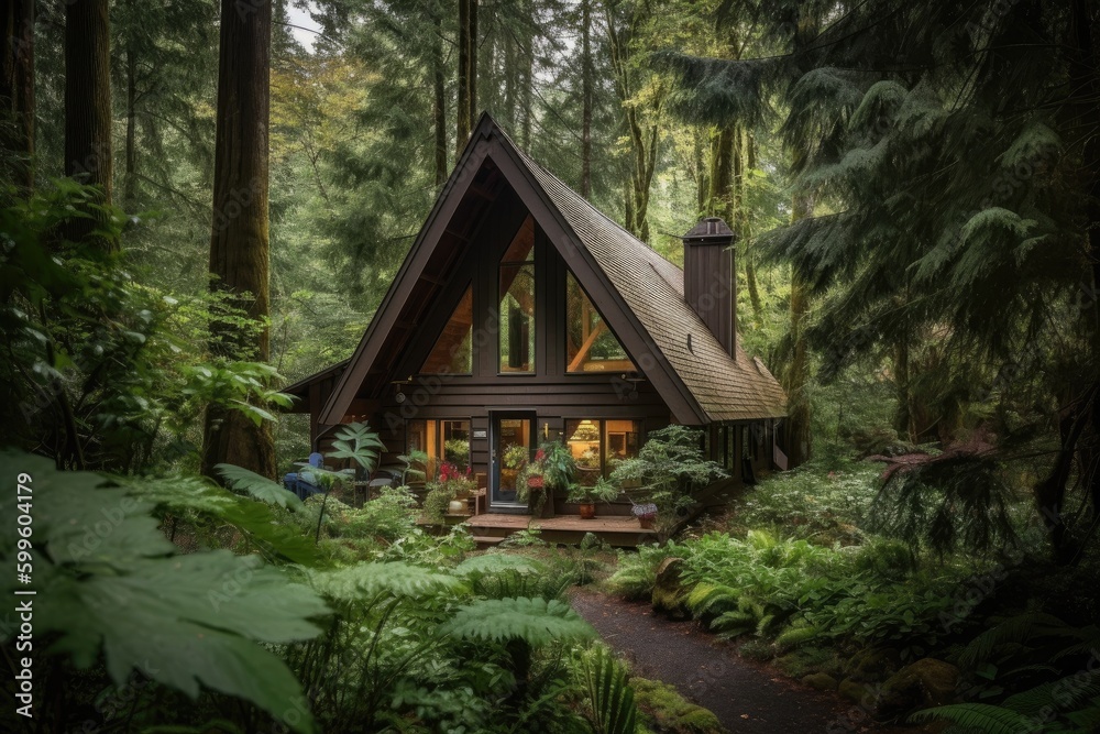 cozy cabin retreat surrounded by lush greenery and tall trees, created with generative ai cozy cabin retreat surrounded by lush greenery and tall trees, created with generative ai