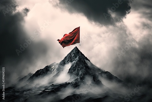 a peak with a red flag, surrounded by clouds and mist, created with generative ai