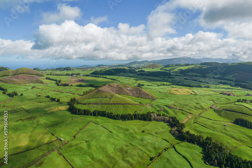 Aerial view of the landscapes on Sao Miguel Island, green farmland and volcanic mountains and lakes, Azores, Portugal