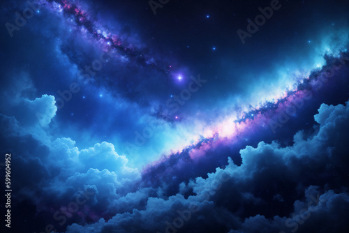 Outer Space Clouds and Stars. Artistic imaginary illustration of deep space, with shades of blue color clouds, galaxies and stars. Generative-AI.