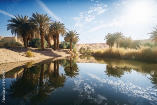 oasis with reflection of the sun and blue sky in desert, created with generative ai