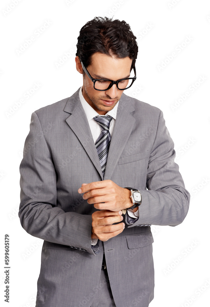 Businessman, corporate dressing man in fashion formal suit on and isolated, png or transparent background. Male accountant or auditor with glasses and person standing and fixing watch on his wrist. Businessman, corporate dressing man in fashion formal suit on and isolated, png or transparent background. Male accountant or auditor with glasses and person standing and fixing watch on his wrist.