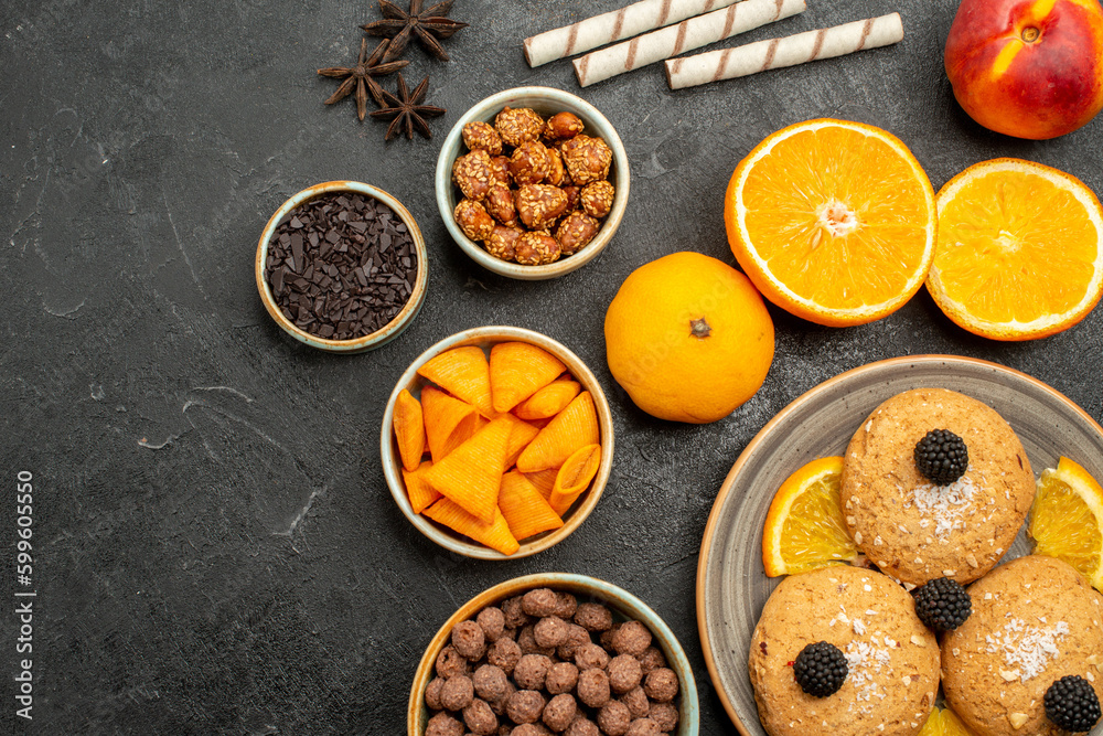 top view sand cookies with orange slices on a dark-grey background sweet fruit biscuit cookie tea cake