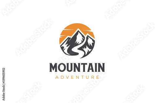 mountain landscape with rocks at sunrise, Sea and Sun for Hipster Adventure Traveling logo can be used biker cross