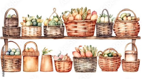 An illustration of a rustic wicker basket was watercolored - generative ai.