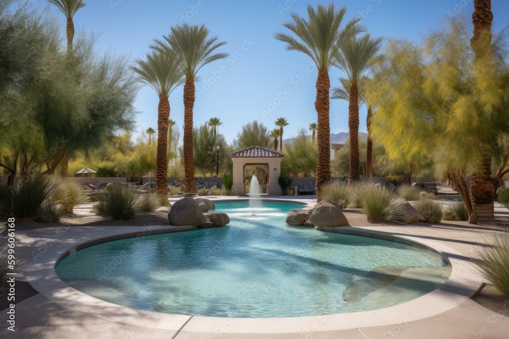 desert oasis, with water fountain and pool, surrounded by palm trees, created with generative ai