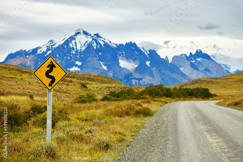 Winging road sign in Torres del Paine