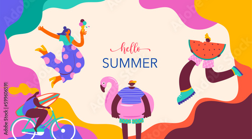 Collection of colorful  modern style characters  people at summer. Swimming  traveling  surfing  making fun on beach and pool