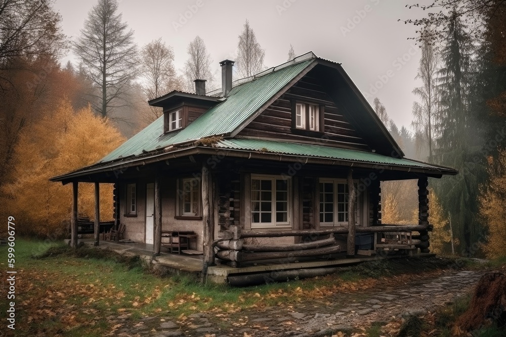 cozy cabin in the woods, with a view of the forest and natural surroundings, created with generative ai cozy cabin in the woods, with a view of the forest and natural surroundings, created with generative ai