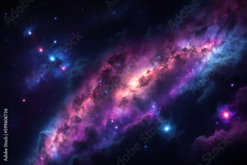 Vibrant Colors Nebula Clouds and Stars. Artistic imaginary illustration of a fantasy outer space world, with vibrant neon colors galaxy, nebula clouds and new stars formation. Generative-AI.