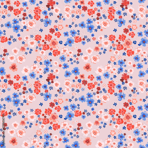 Seamless pattern. Vector flower design with cute wildflowers. Romantic abstract floral pattern on pink background. Illustrations of spring nature in bright red and blue tones.