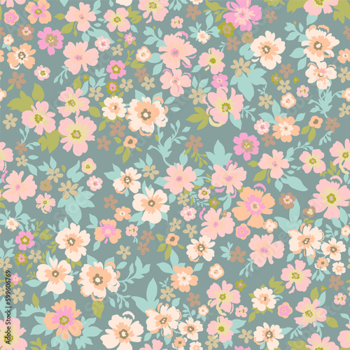Seamless vintage pattern. Light green background. Large light pink and light red flowers. Vector texture. Fashionable print for textiles and wallpaper in pastel colors.