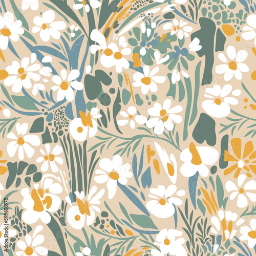 Seamless vector floral pattern of abstract white flowers with yellow pistils and green leaves on a light beige background in pastel colors.