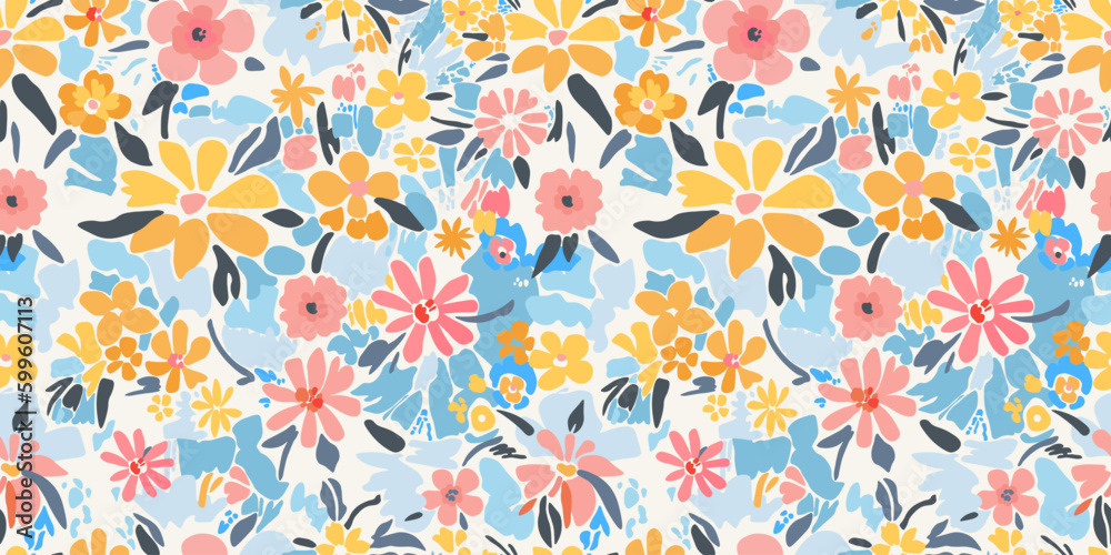 Vector seamless pattern. Spring colorful flowers on a light background.