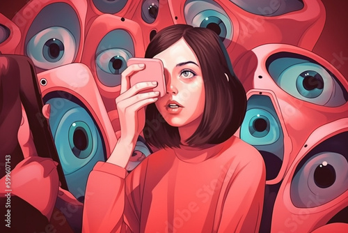 Digital painting of a young beautiful woman using a smartphone, while many eyes are loking at her. Privacy issues conceptual illustration. Generative AI
