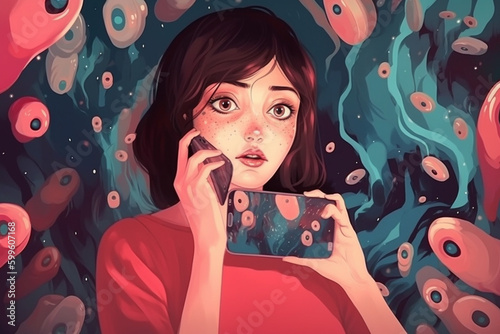 Digital painting of a young beautiful woman using a smartphone, while many eyes are loking at her. Privacy issues conceptual illustration. Generative AI