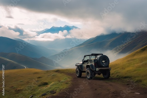 off-road vehicle, backed up against breathtaking mountain range with misty clouds in the background, created with generative ai