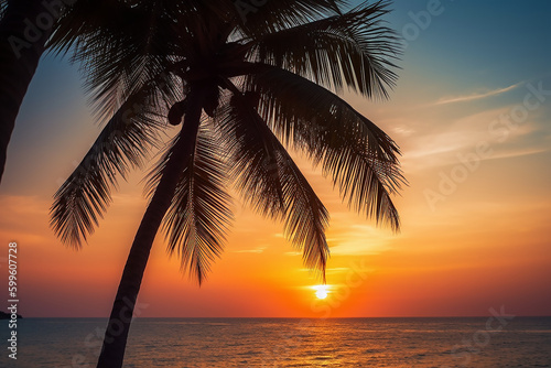 palm trees sunset on the beach, AI Generated © GHArtwork