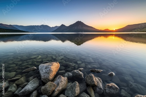 crystal clear lake, with view of mountain range and sunrise in the background, created with generative ai