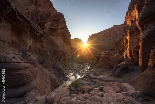 majestic canyon with sun setting, casting warm light on rock formations, created with generative ai