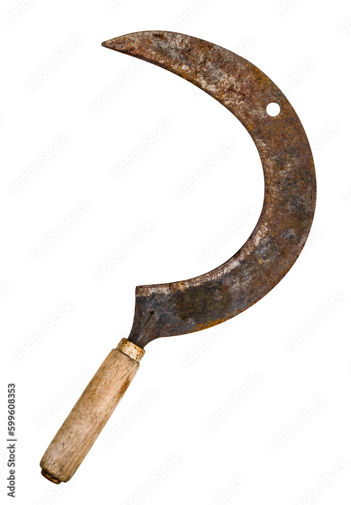 old rusty sickle with wooden handle cutout on white background old rusty sickle with wooden handle cutout on white background