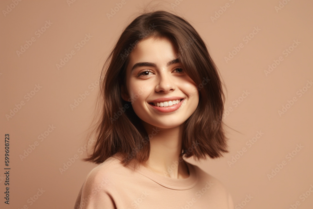 The young woman in beige. Beautiful teeth smile. Generative AI The young woman in beige. Beautiful teeth smile. Generative AI