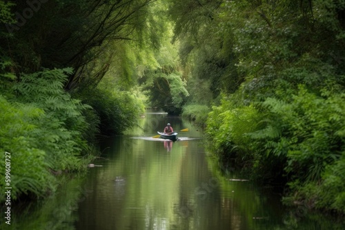 person paddling their canoe down tranquil stream, surrounded by greenery, created with generative ai