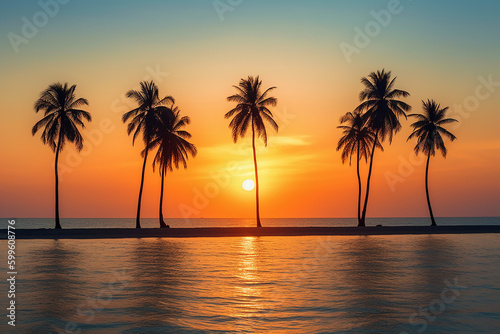 row of palm trees sunset on the beach  AI Generated