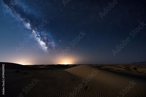 night sky over the dunes of a vast desert, with stars shining brightly, created with generative ai