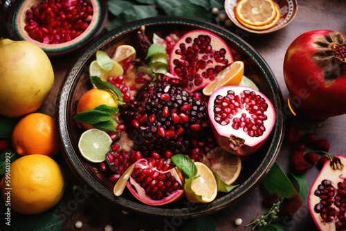 pomegranate in a bowl of fruit, surrounded by other fresh and colorful ingredients, created with generative ai