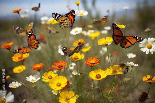 butterfly migration landing on field of wildflowers, created with generative ai © Alfazet Chronicles
