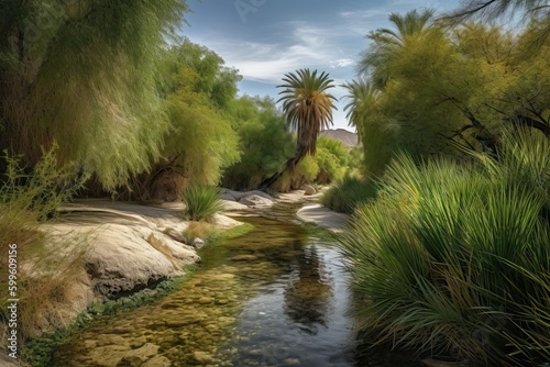 desert oasis with flowing stream and lush foliage, created with generative ai © Alfazet Chronicles