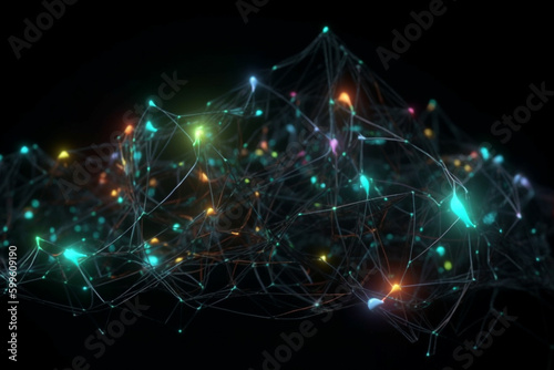 A vast neural network with glowing connections, isolated on black background. Generative AI