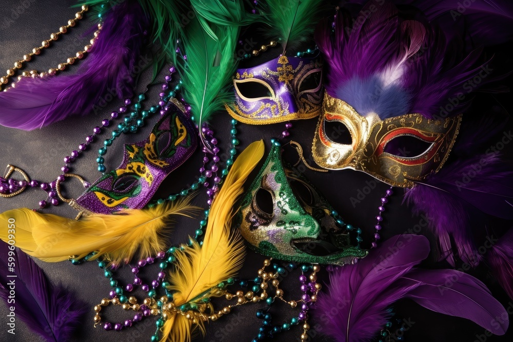 mardi gras card with masks, feather boas and beads, created with generative ai mardi gras card with masks, feather boas and beads, created with generative ai
