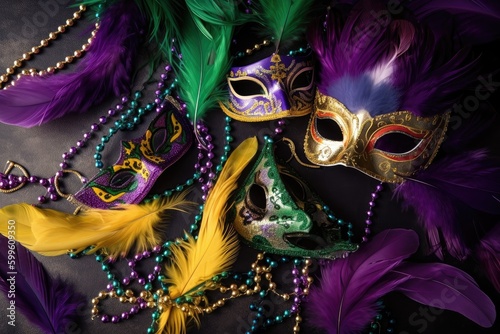 mardi gras card with masks, feather boas and beads, created with generative ai