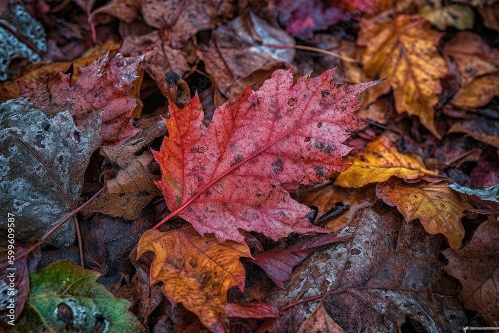 close-up of fallen leaves with vibrant colors and textures, created with generative ai