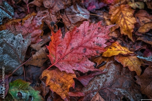 close-up of fallen leaves with vibrant colors and textures, created with generative ai