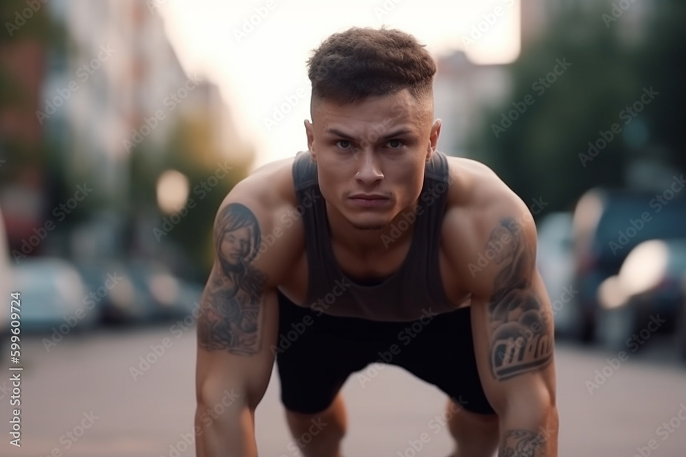 Athletic young man in sportswear doing pushups outside. Generative AI Athletic young man in sportswear doing pushups outside. Generative AI