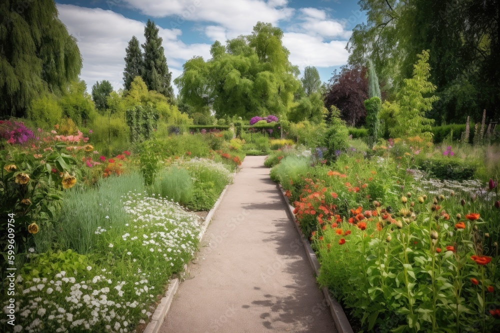 botanical garden, with blooming flowers and greenery in full bloom, created with generative ai botanical garden, with blooming flowers and greenery in full bloom, created with generative ai