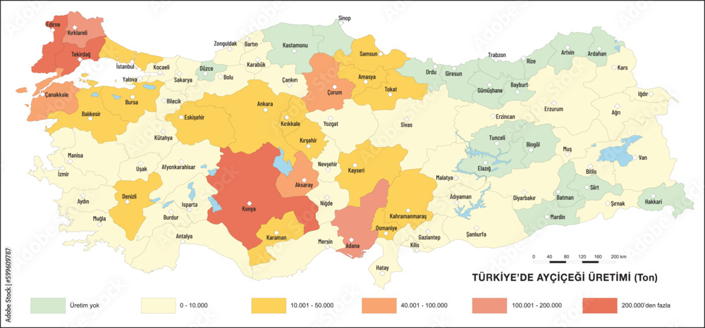 Obraz premium Turkey Sunflower Production Map, Geography Lesson, Sunflower in Turkey, Turkey Map, map, geography