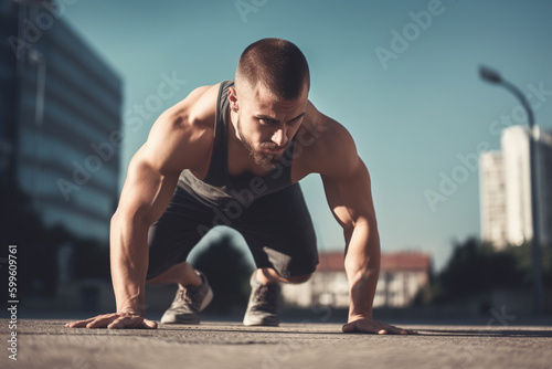 Athletic young man in sportswear doing pushups outside. Generative AI