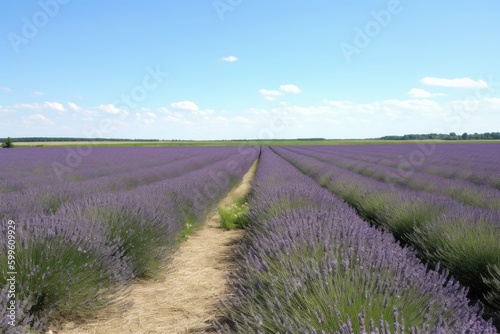 field of lavender in full bloom  with rows of blooms and clear blue sky  created with generative ai