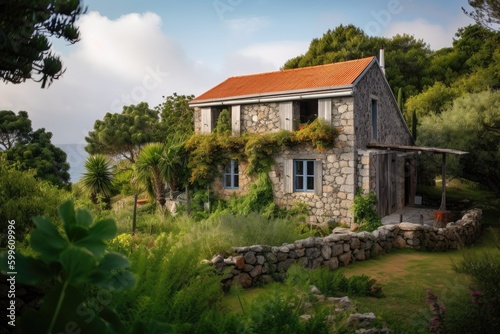 rustic stone house, surrounded by lush greenery, overlooking the sea, created with generative ai