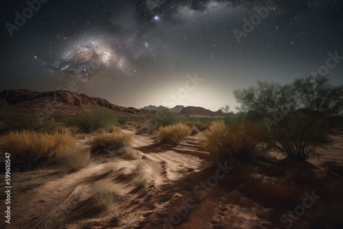 desert landscape with stars and moon shining bright, created with generative ai