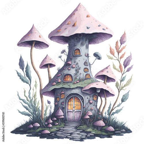 Watercolor Mushroom House Clipart, Watercolor Magical Fantasy Mushroom House Clipart, Watercolor Mushroom House Sublimation  © NafisaNawal