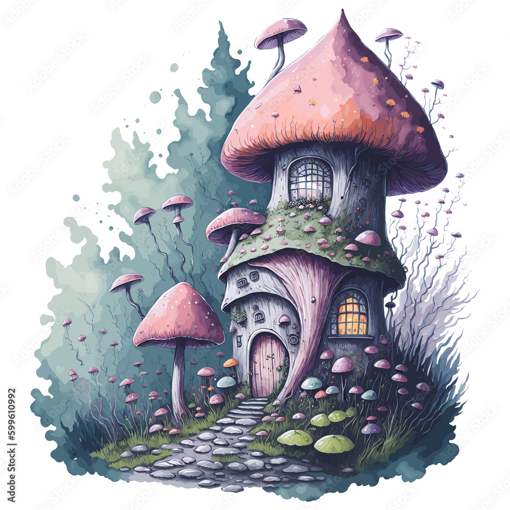 Watercolor Mushroom House Clipart, Watercolor Magical Fantasy Mushroom House Clipart, Watercolor Mushroom House Sublimation
