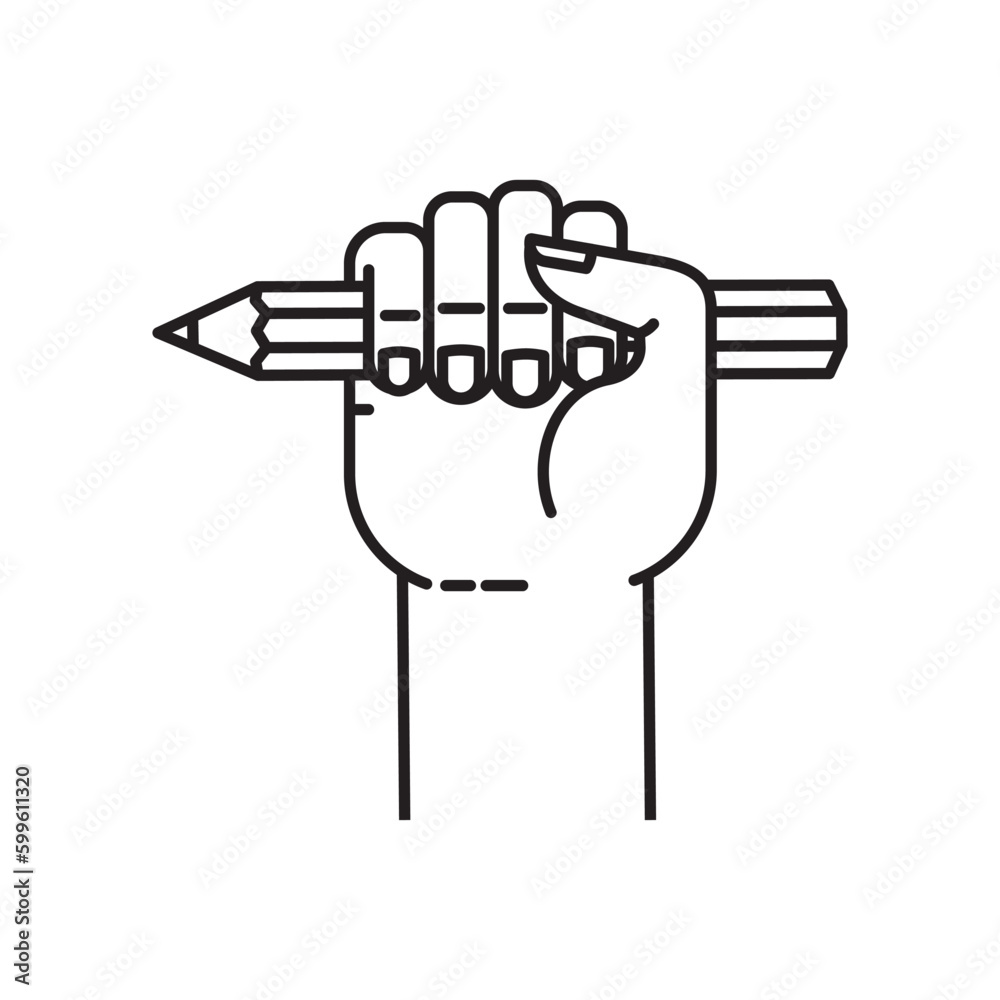 Fist holding pencil isolated vector line icon for Writers rights Day on June 9 Fist holding pencil isolated vector line icon for Writers rights Day on June 9