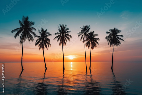 row of palm trees sunset on the beach, AI Generated © GHArtwork